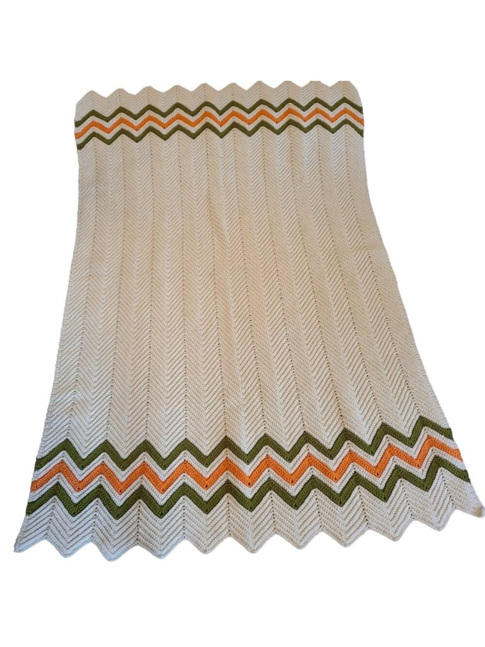 Vintage 70s Chevron Crochet Knit Afghan Throw Blanket Ivory White Green & Orange